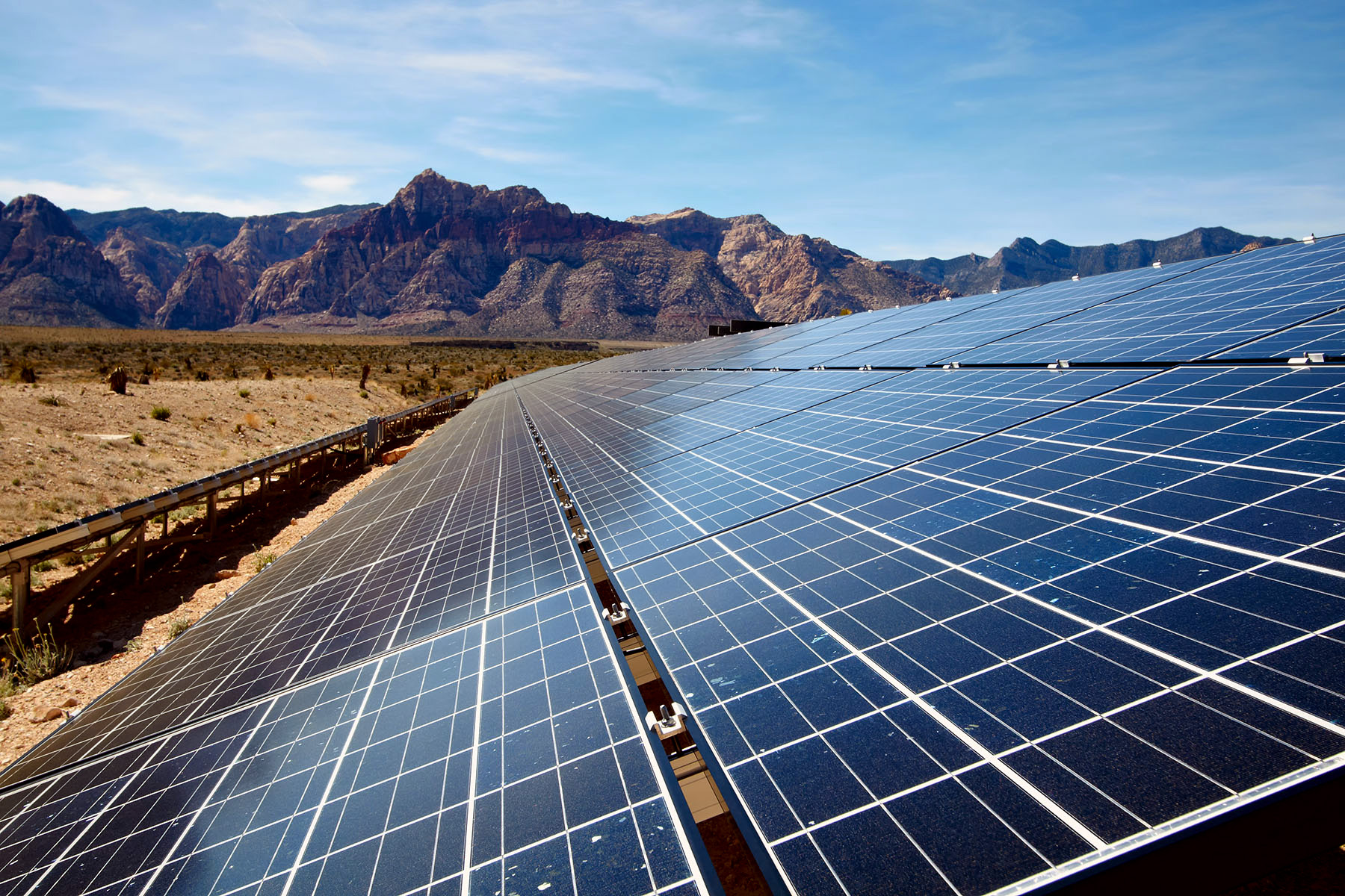 Solar panels in a desert landscape